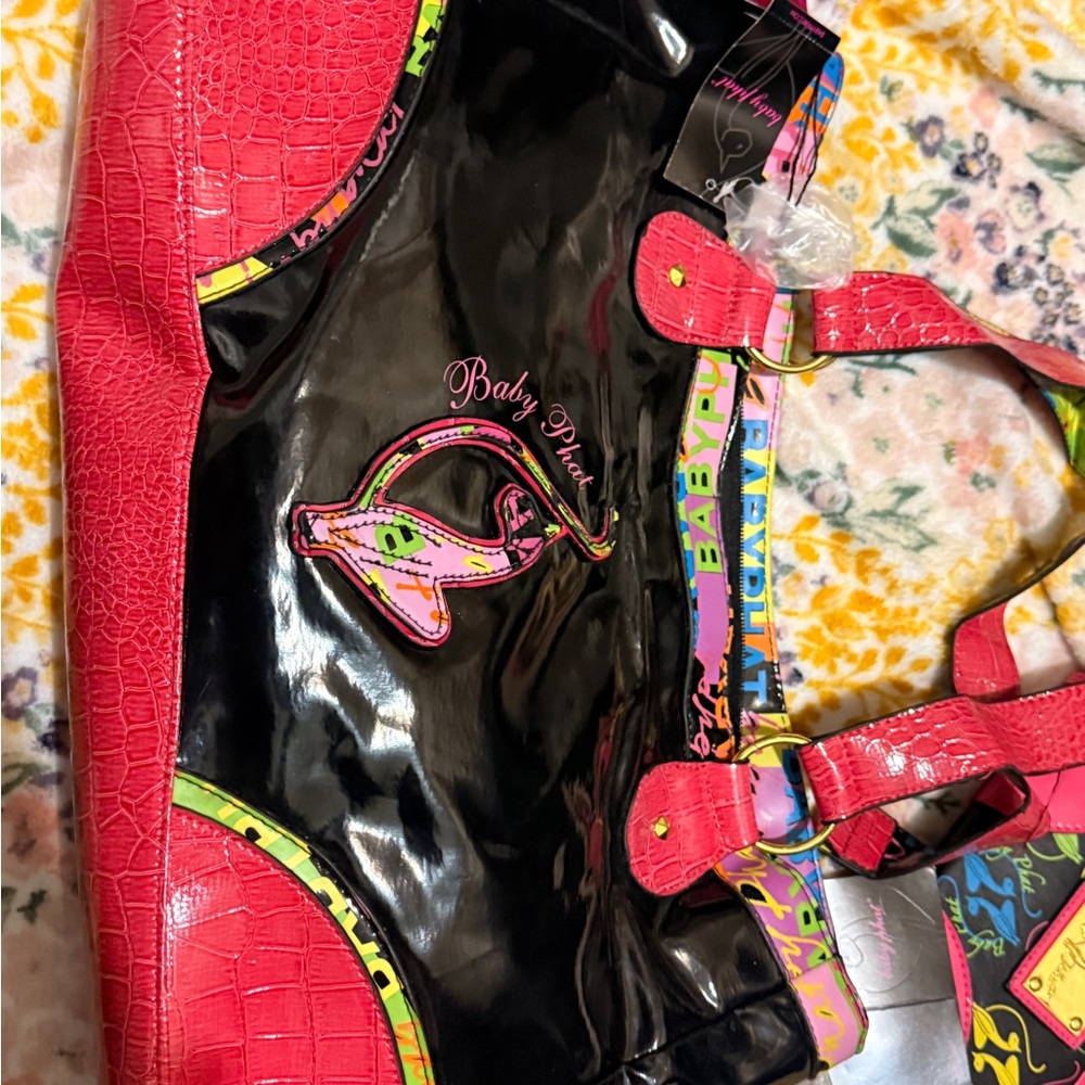 Baby Phat Black Patent Tote and Wallet with Hot Pink Trim & Multicolor Logo - Picture 3 of 16